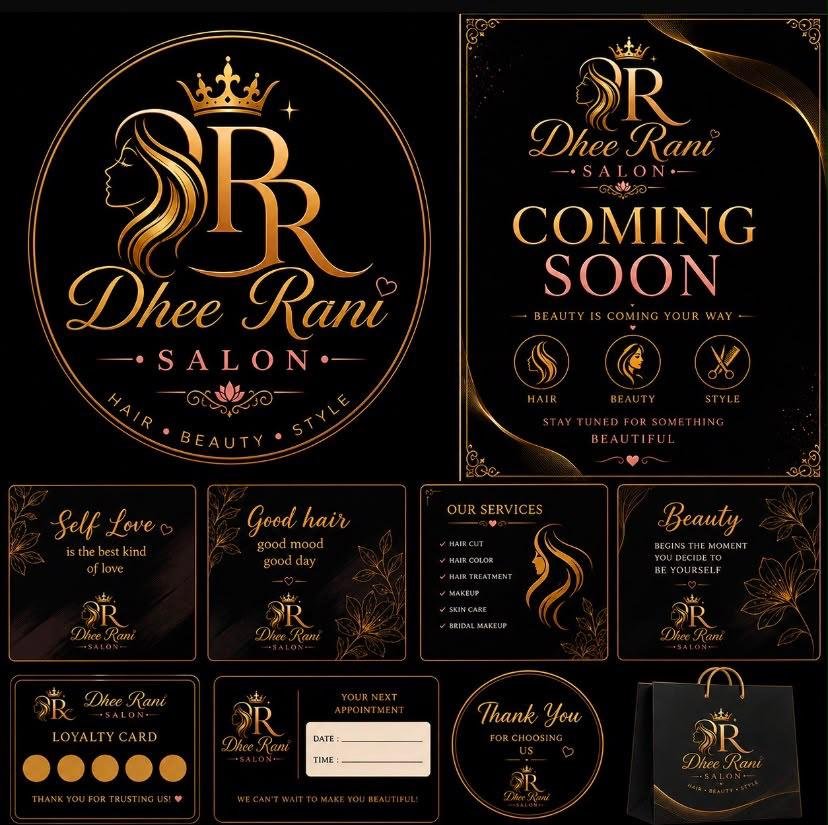 Dhee Rani Salon black and gold brand board